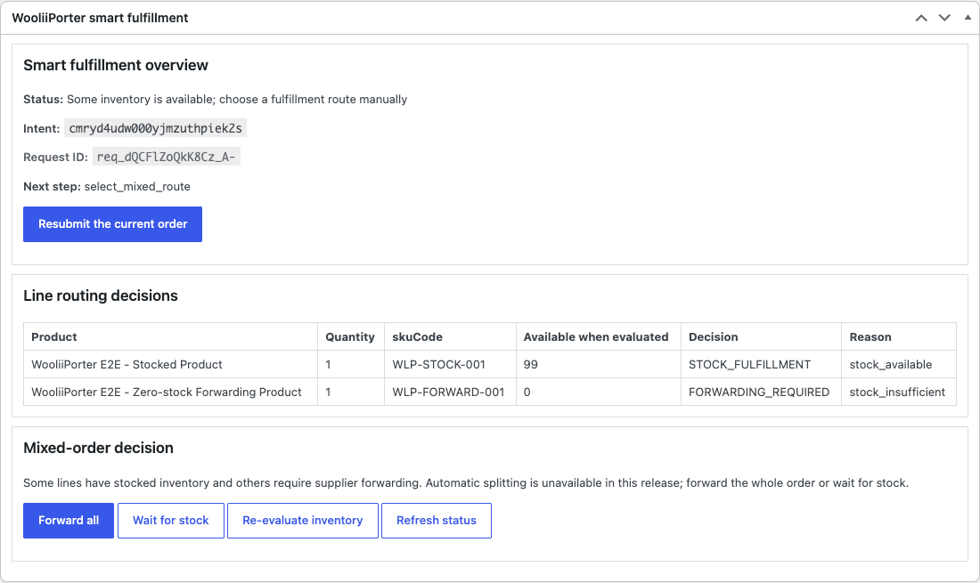 WooCommerce 订单页显示一行备货、一行需转运,并提供整单转运、等待补货、重新评估库存三个按钮。